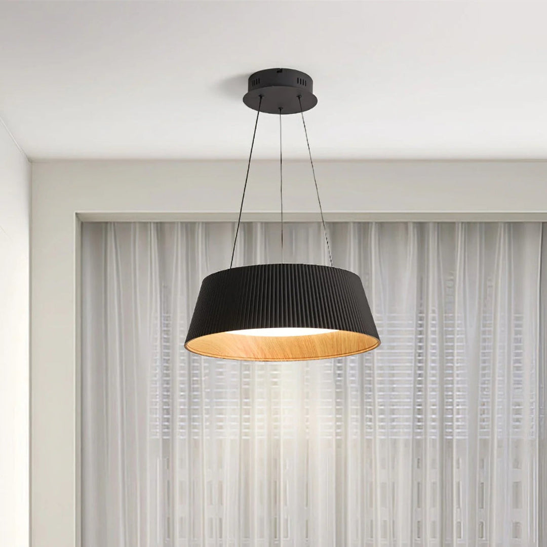 Black Pleated Drum Pendant Light with Warm Wood Interior