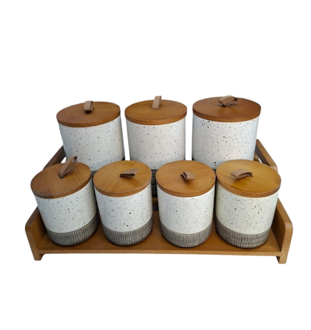 Ceramic Spice Jar Set with Wooden Tray