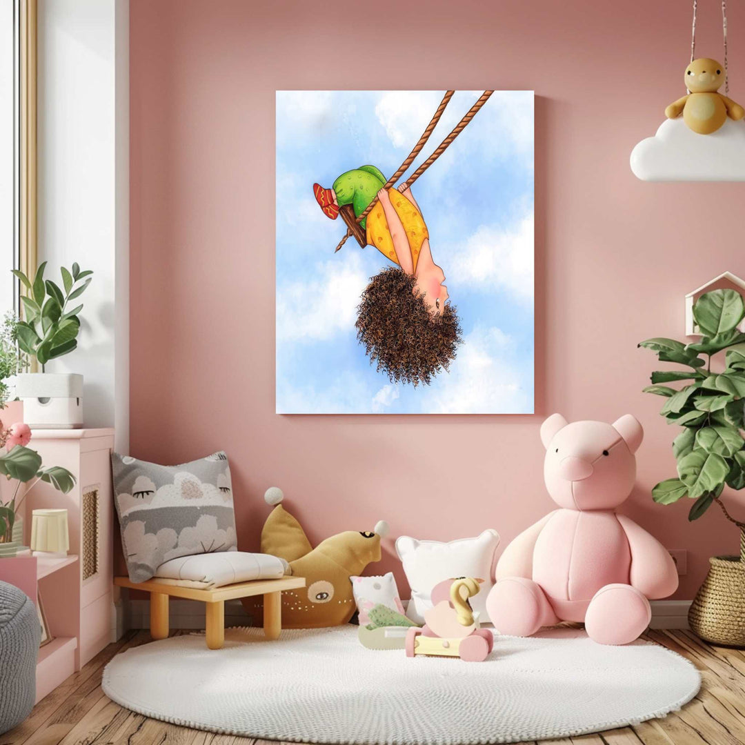 Playful Swing Kids Canvas art showing joyful child swinging in sky on premium canvas with MDF frame