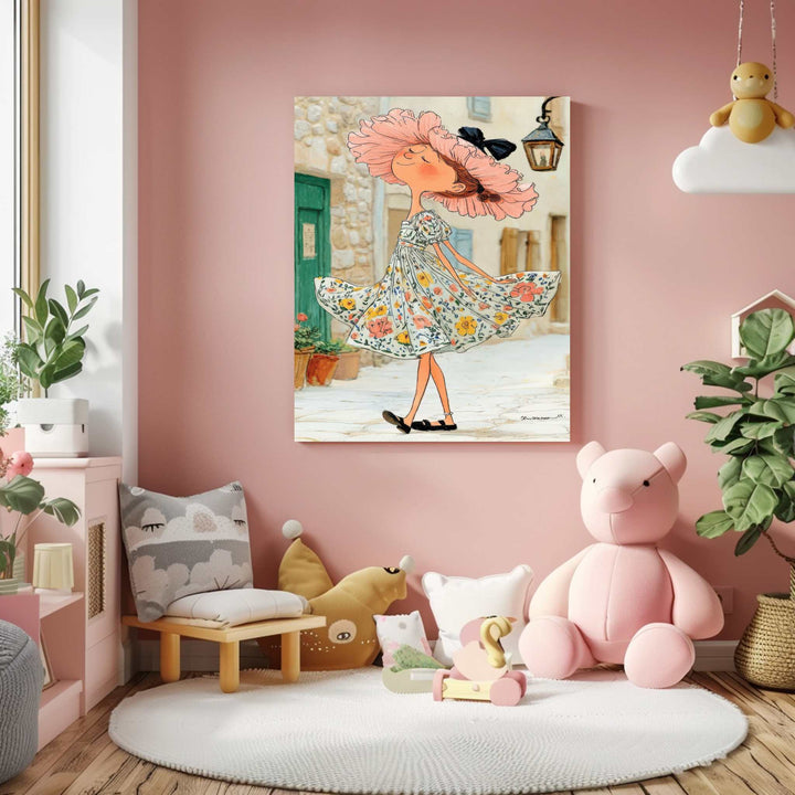 Girl twirling in elegant floral dress illustration on premium canvas with MDF frame