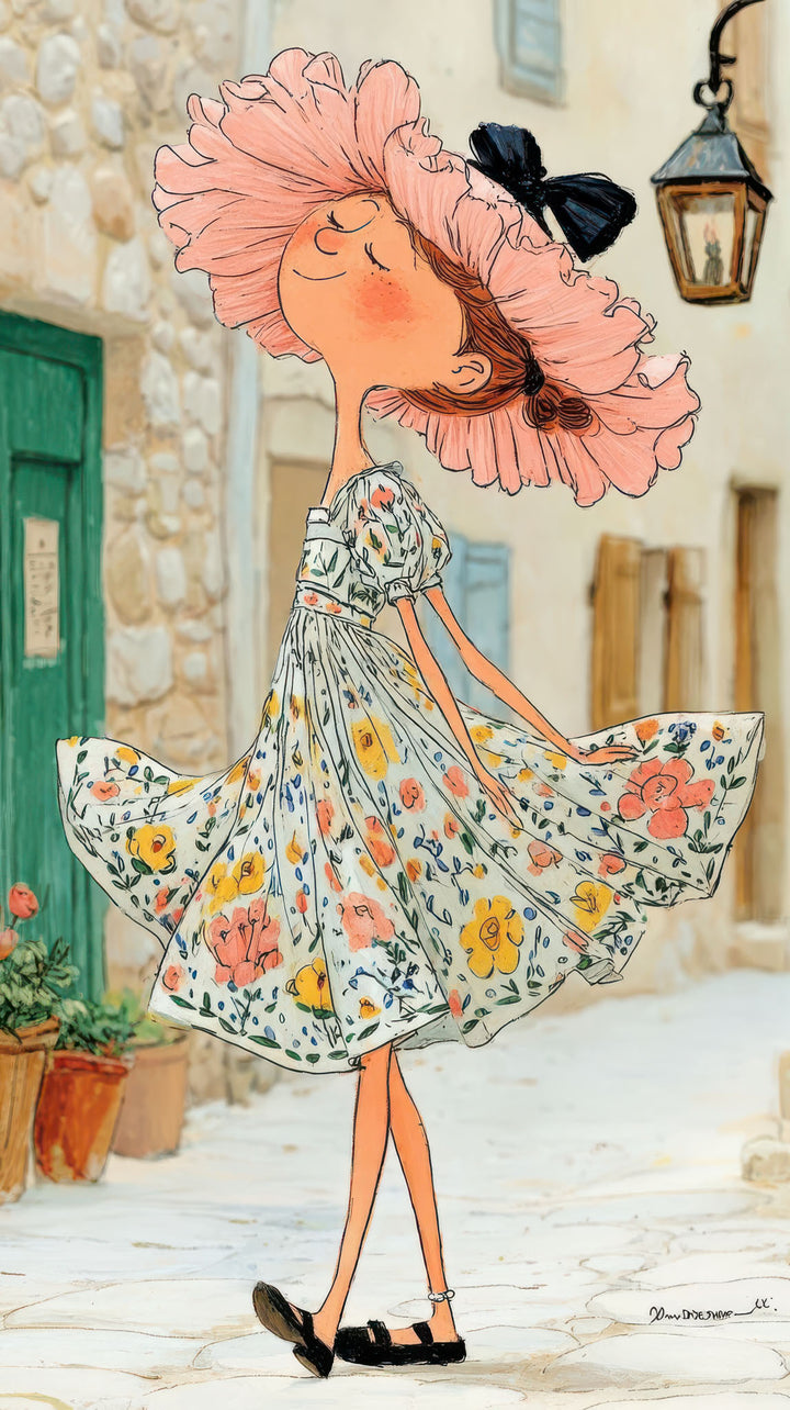 Girl twirling in elegant floral dress illustration on premium canvas with MDF frame