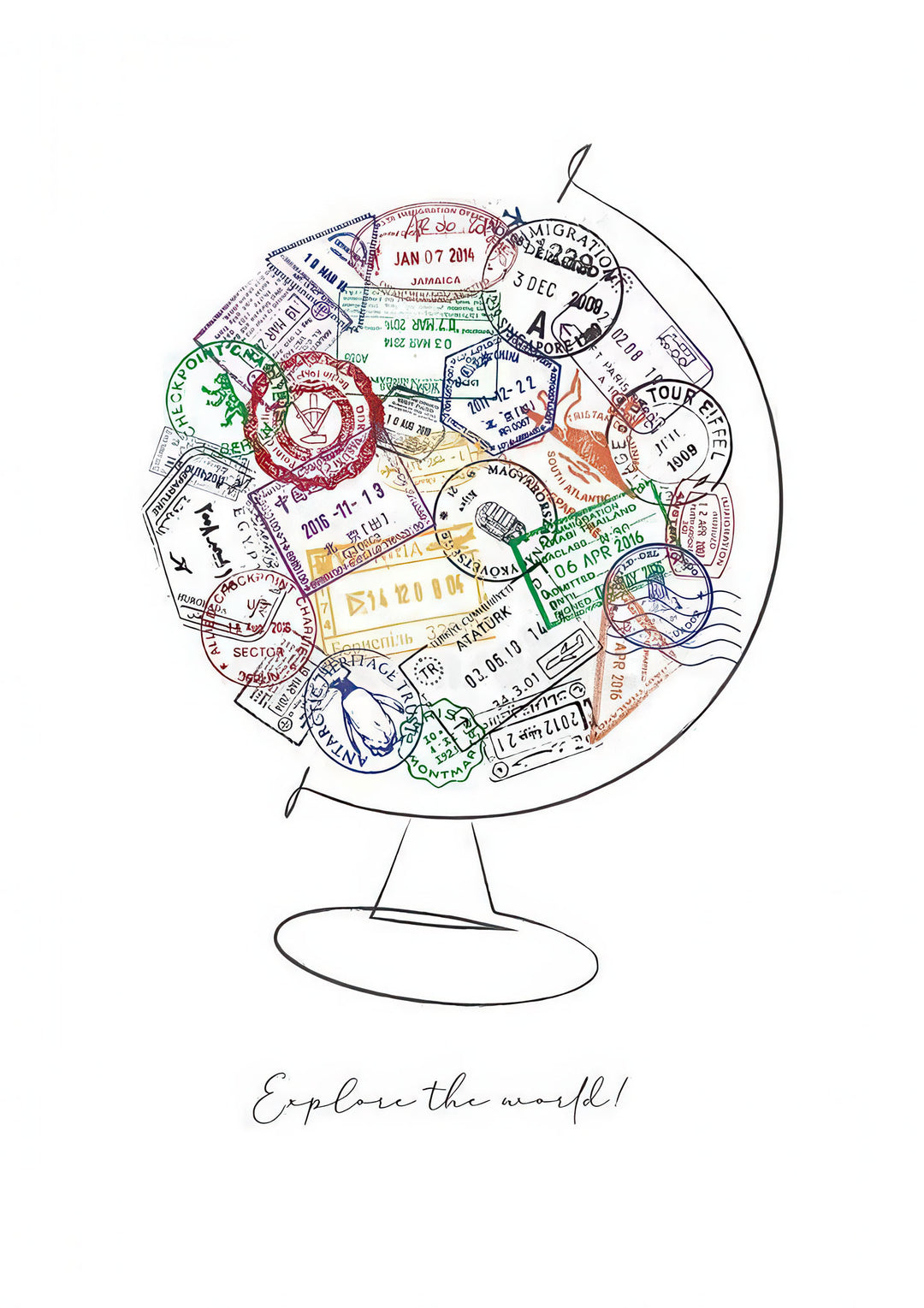 Explore the World Globe travel-themed canvas with passport stamp design in MDF frame