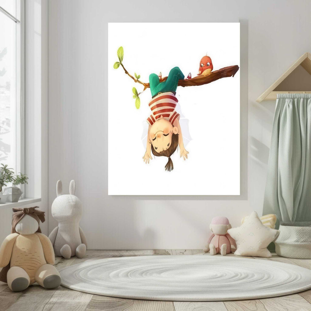 Playful upside down kid canvas hanging from tree branch in joyful illustration