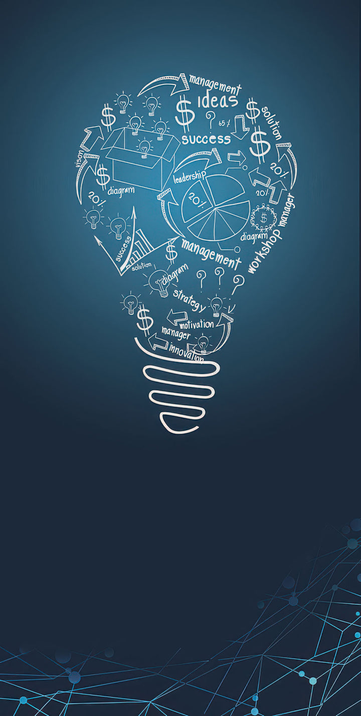 Blue business ideas lightbulb canvas with MDF frame and glass front panel