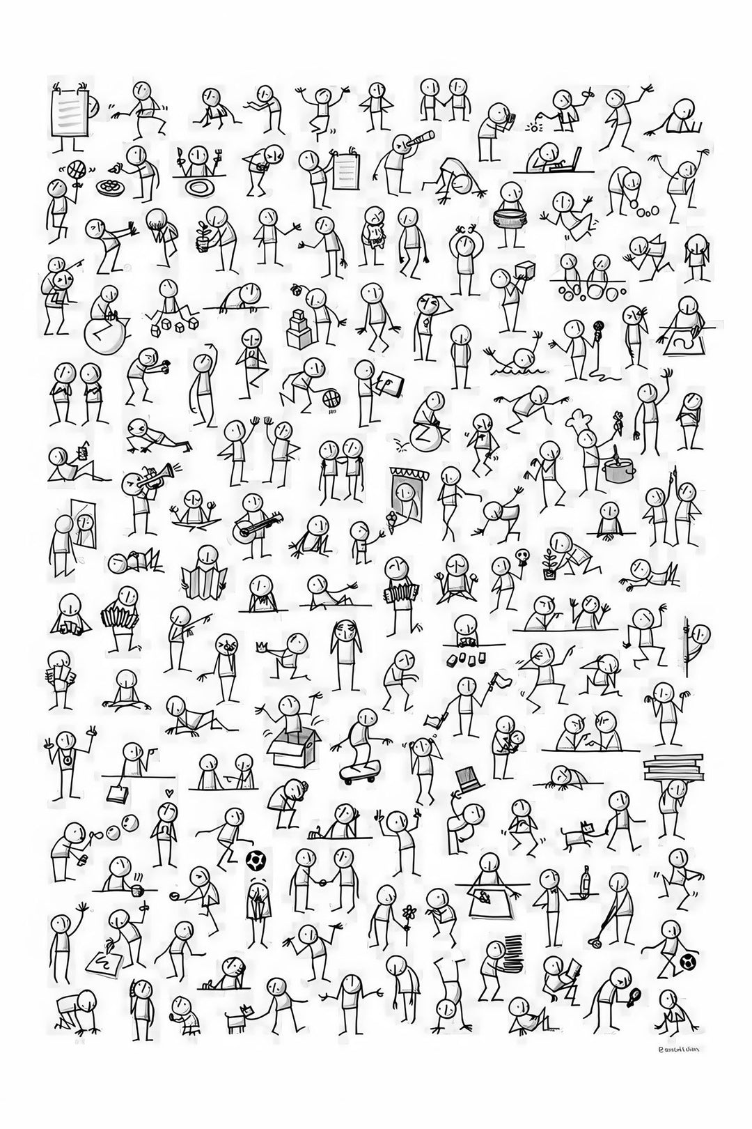 Black and white doodle people activity canvas on MDF frame with glass front, water and dust resistant surface