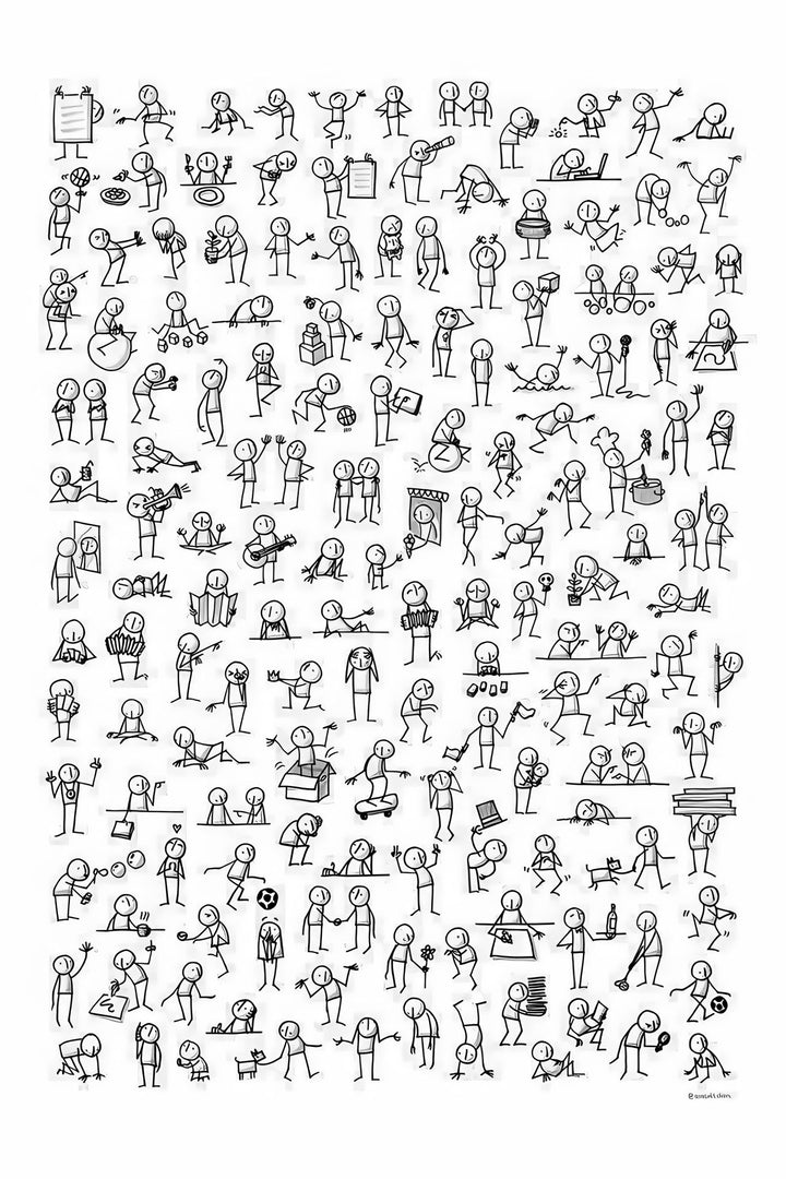 Black and white doodle people activity canvas on MDF frame with glass front, water and dust resistant surface