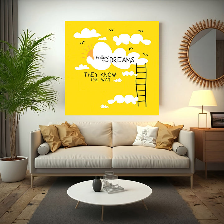 Bright yellow Follow Your Dreams canvas with ladder design in MDF frame and glass front