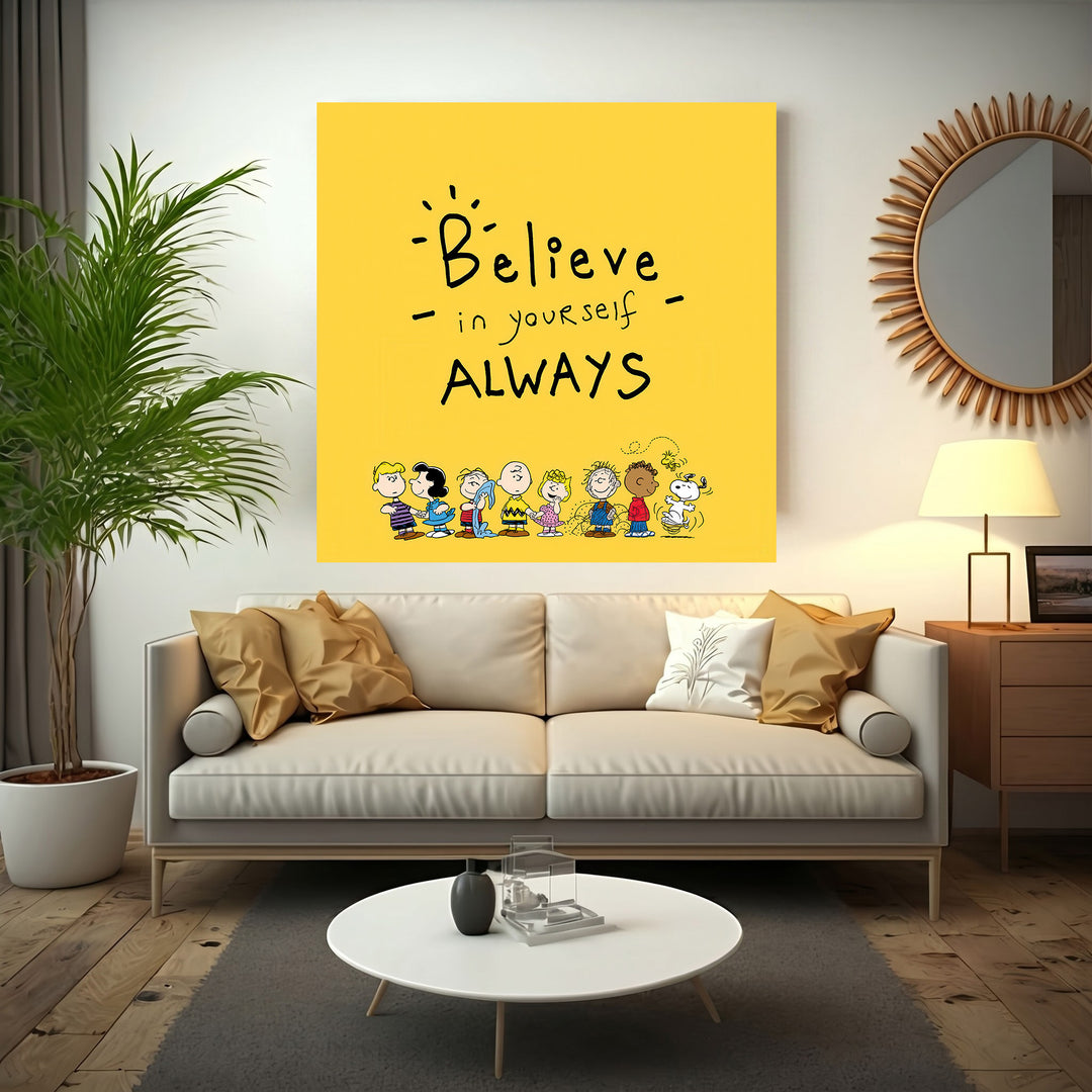 Motivational "Believe in Yourself" cartoon canvas with MDF frame and glass front panel
