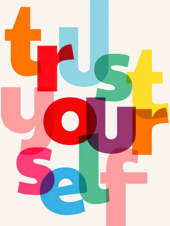 Colorful Trust Yourself typography on premium canvas with MDF frame and glass front