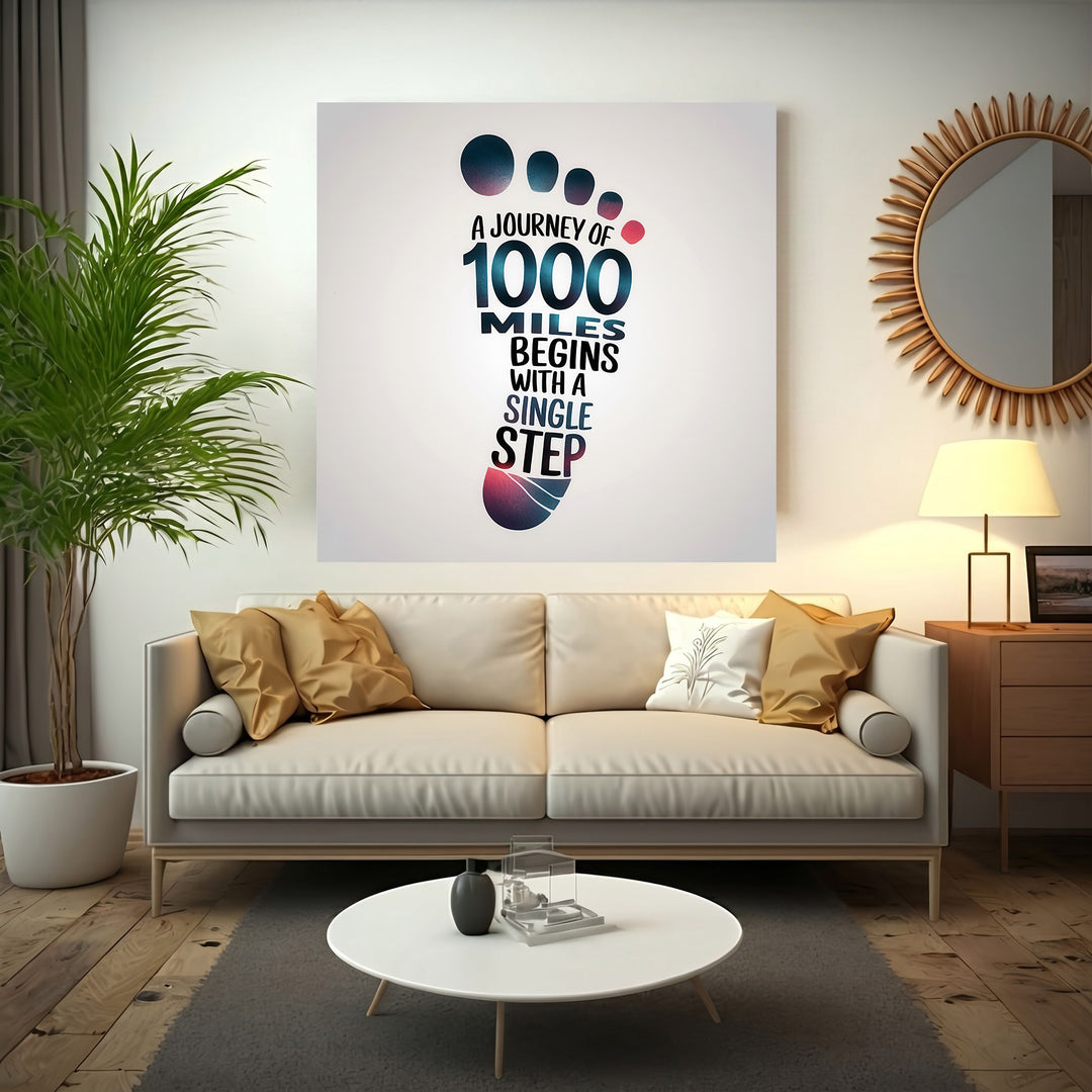 Inspirational Journey of 1000 Miles quote canvas with footsteps and MDF frame