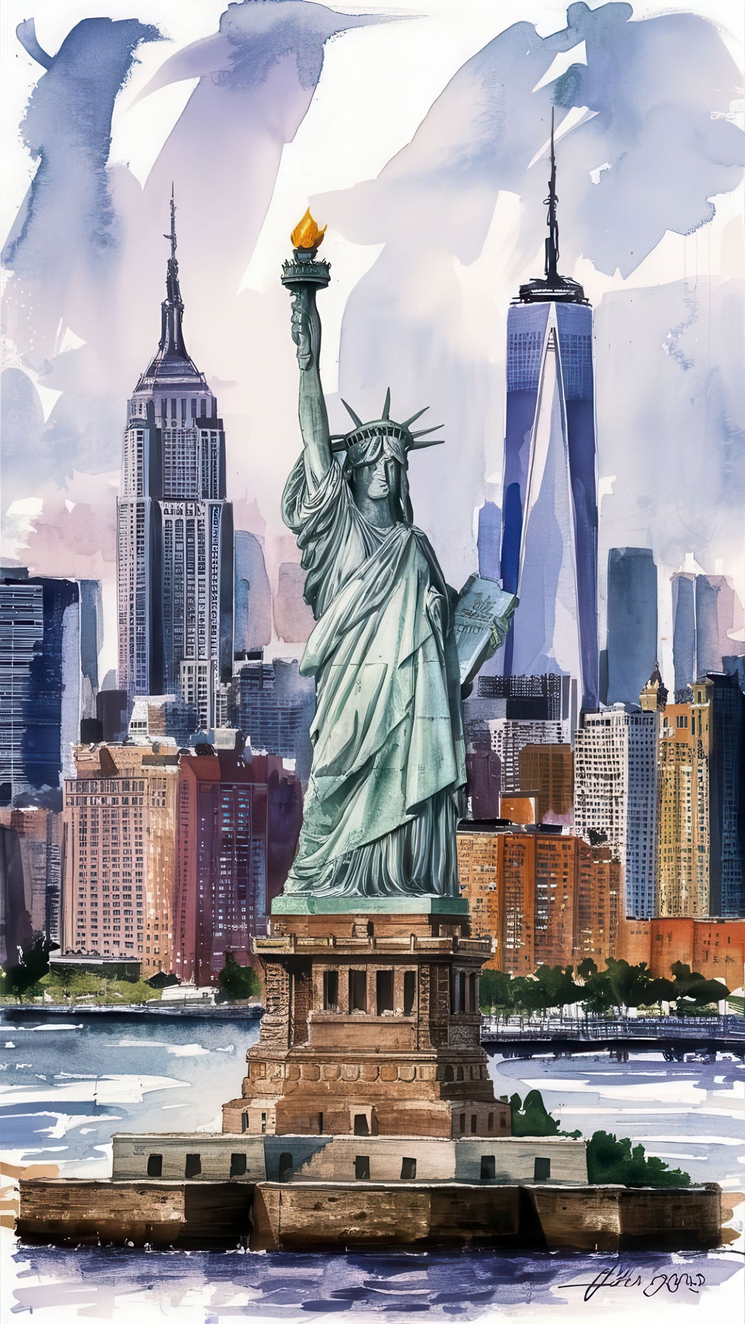 Statue of Liberty canvas wall art with New York City skyline in watercolor style on premium canvas