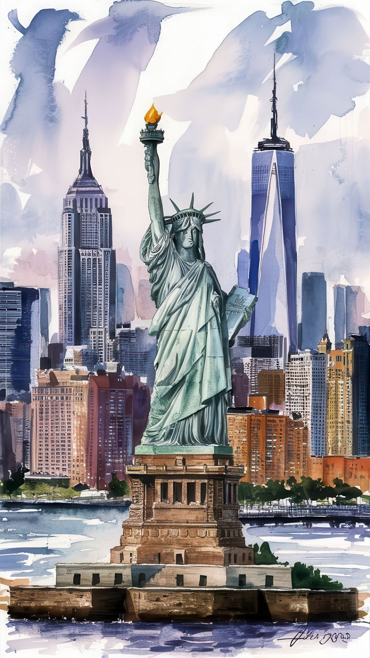 Statue of Liberty canvas wall art with New York City skyline in watercolor style on premium canvas