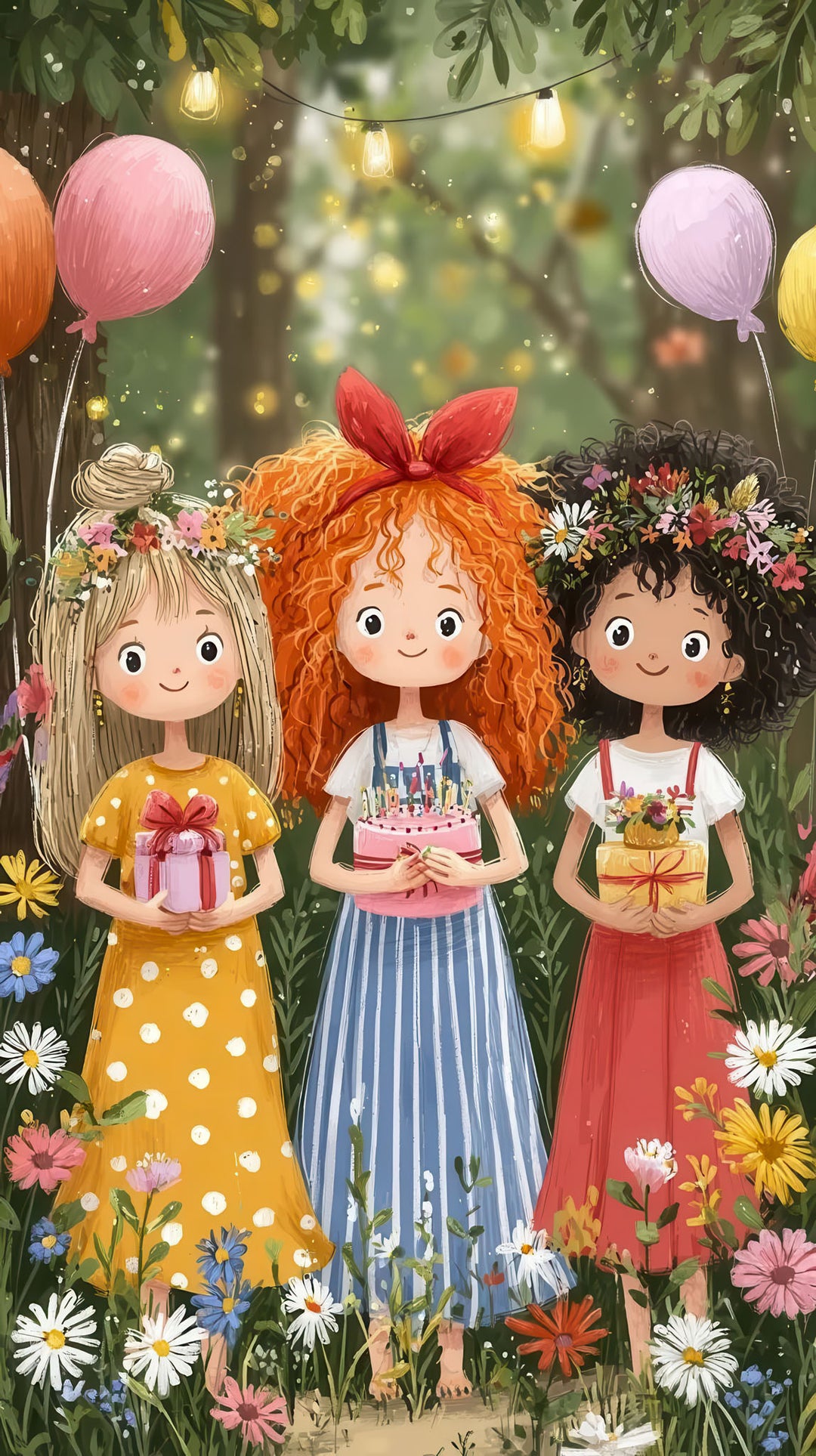 Kids illustration canvas wall art with three joyful girls, flowers, balloons, and fairy lights on premium canvas