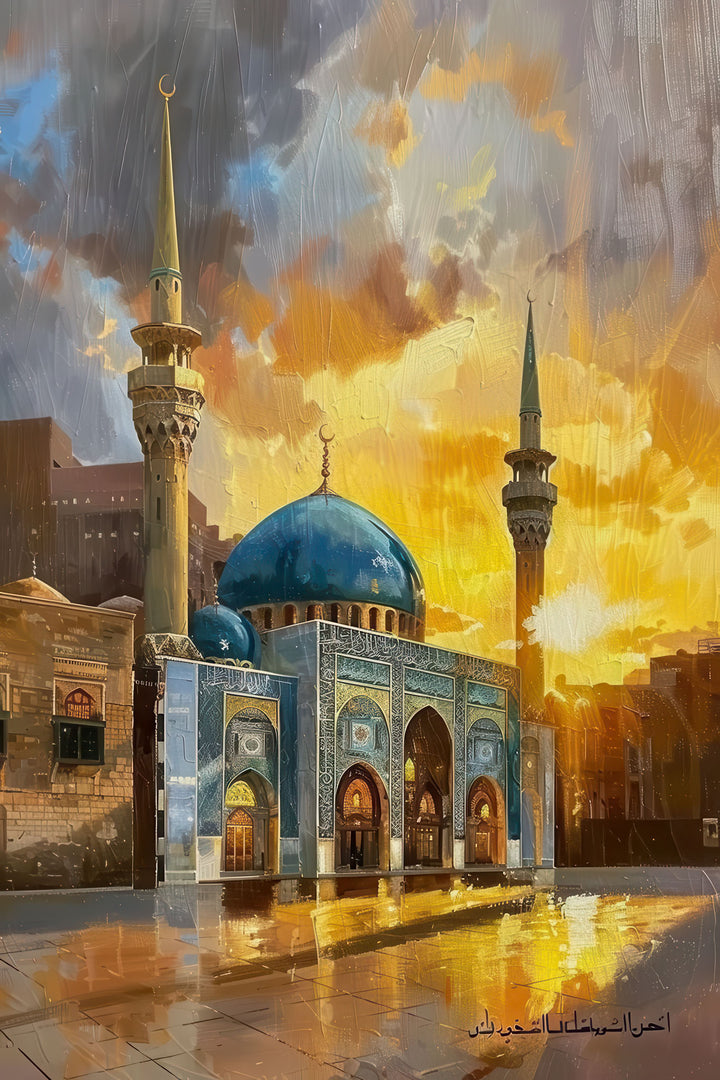 Islamic mosque canvas wall art with historic domes and minarets at sunset on premium canvas