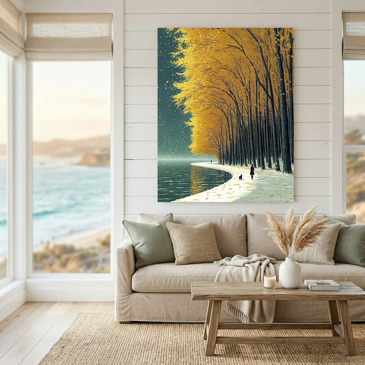 Autumn lakeside canvas wall art with golden trees and calm shoreline in warm fall colors on premium canvas
