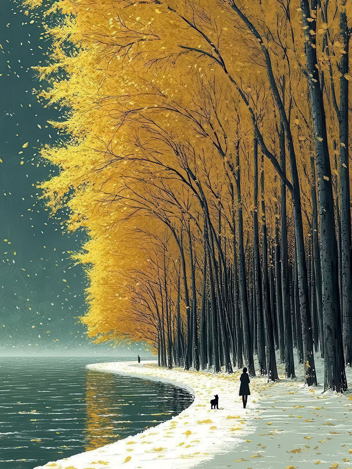 Autumn lakeside canvas wall art with golden trees and calm shoreline in warm fall colors on premium canvas