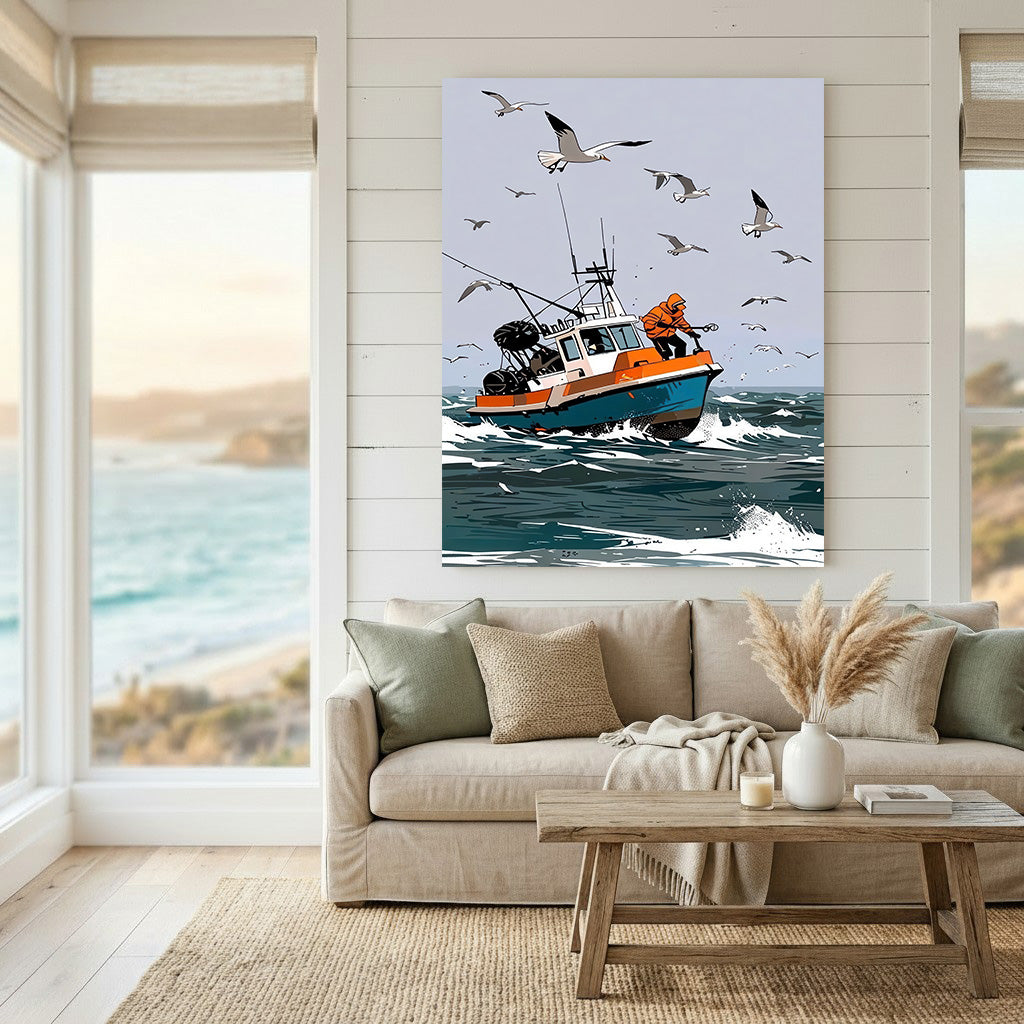Fishing boat canvas wall art showing boat and seagulls on ocean waves with vibrant colors
