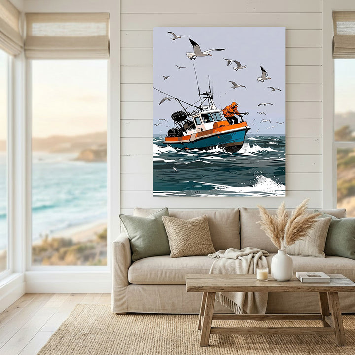 Fishing boat canvas wall art showing boat and seagulls on ocean waves with vibrant colors