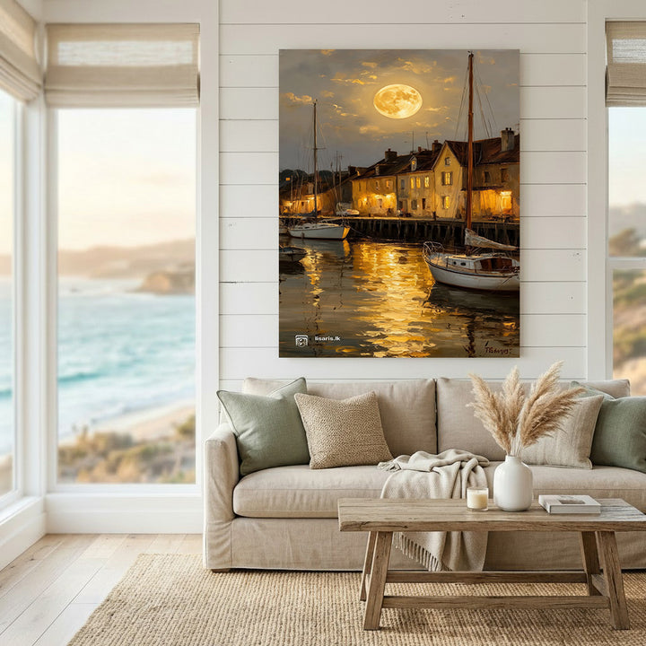 Moonlit Harbor canvas wall art showing a peaceful harbor village under a glowing full moon with warm lights and calm water reflections