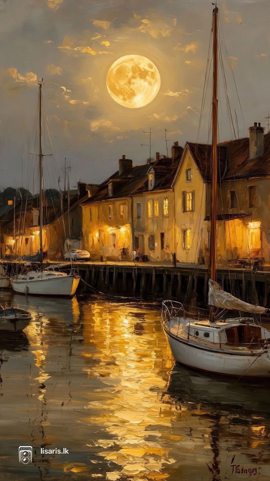 Moonlit Harbor canvas wall art showing a peaceful harbor village under a glowing full moon with warm lights and calm water reflections