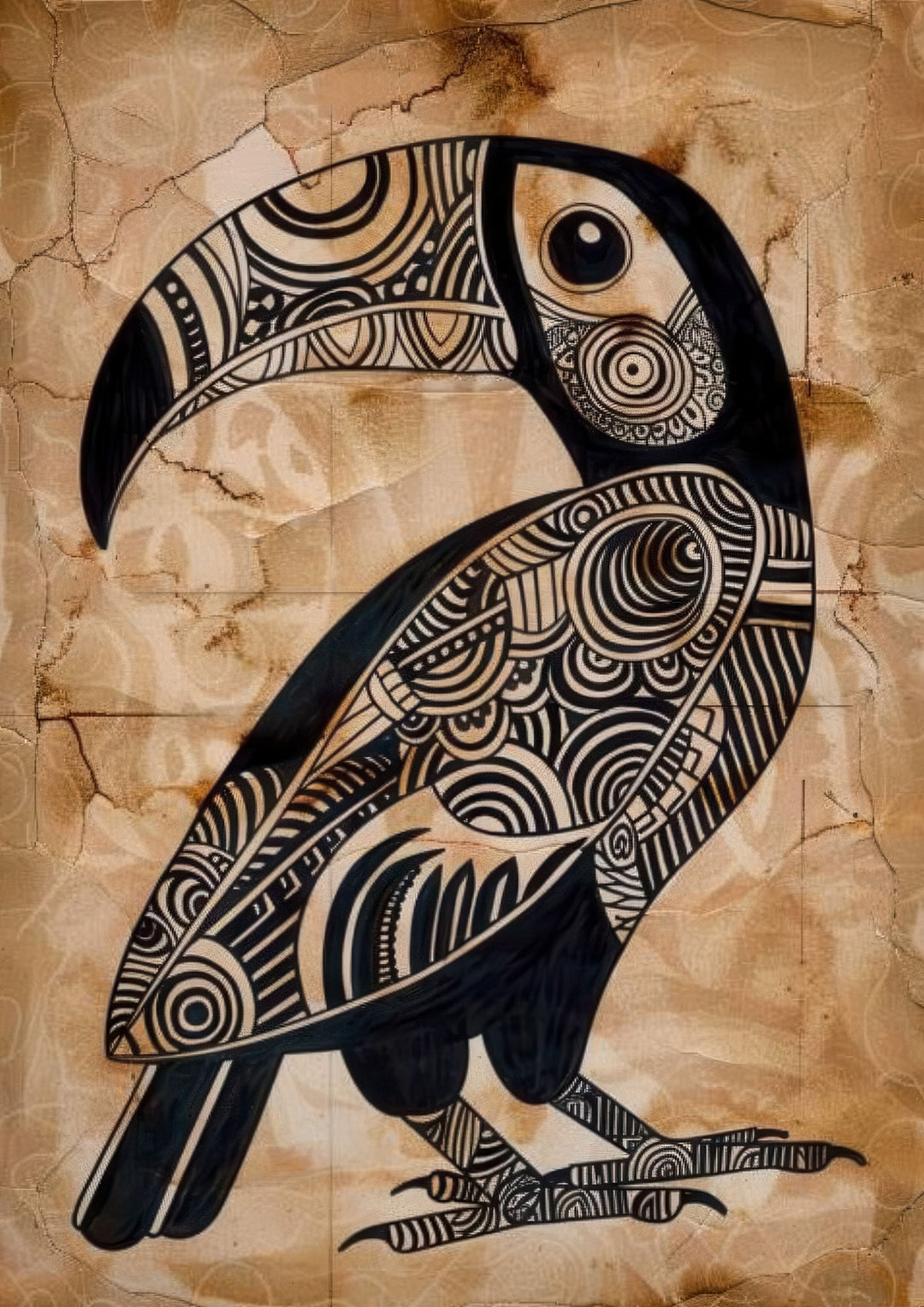 Tribal toucan canvas wall art with intricate black-and-beige tribal patterns on warm textured background