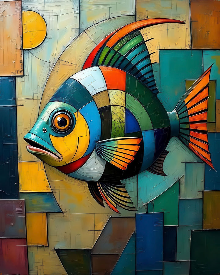 Abstract colorful fish artwork on vibrant geometric canvas wall art with rich textures