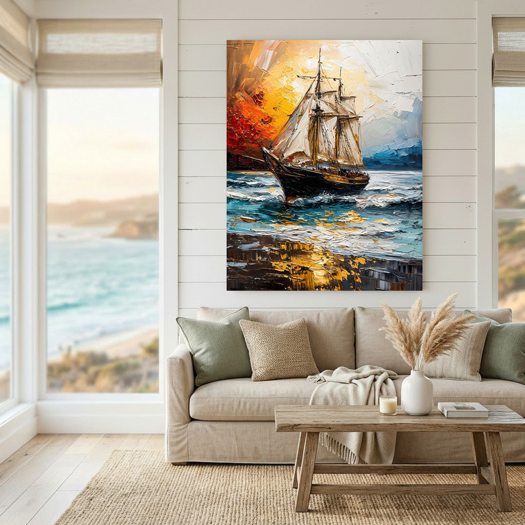 Sailing ship canvas wall art showing a classic ship on ocean waves with rich maritime colors and textured brushstrokes