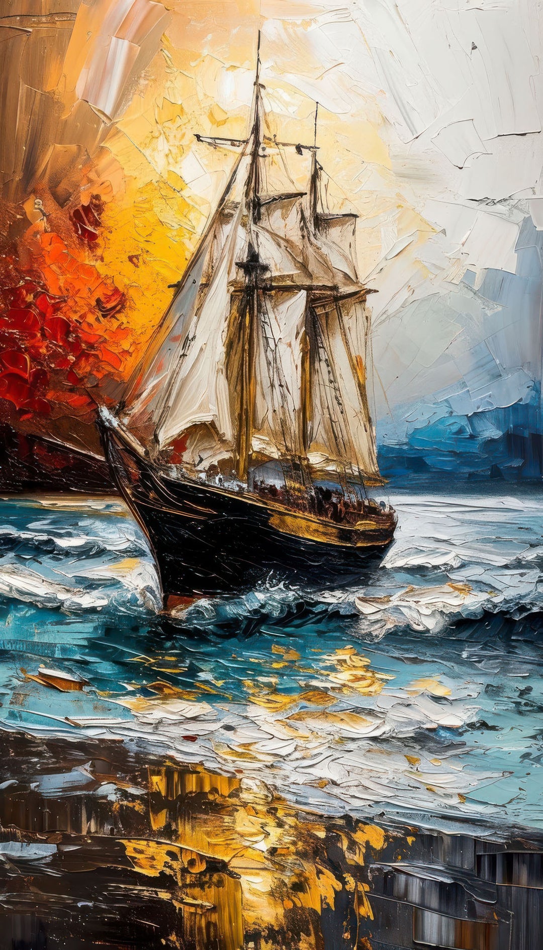 Sailing ship canvas wall art showing a classic ship on ocean waves with rich maritime colors and textured brushstrokes