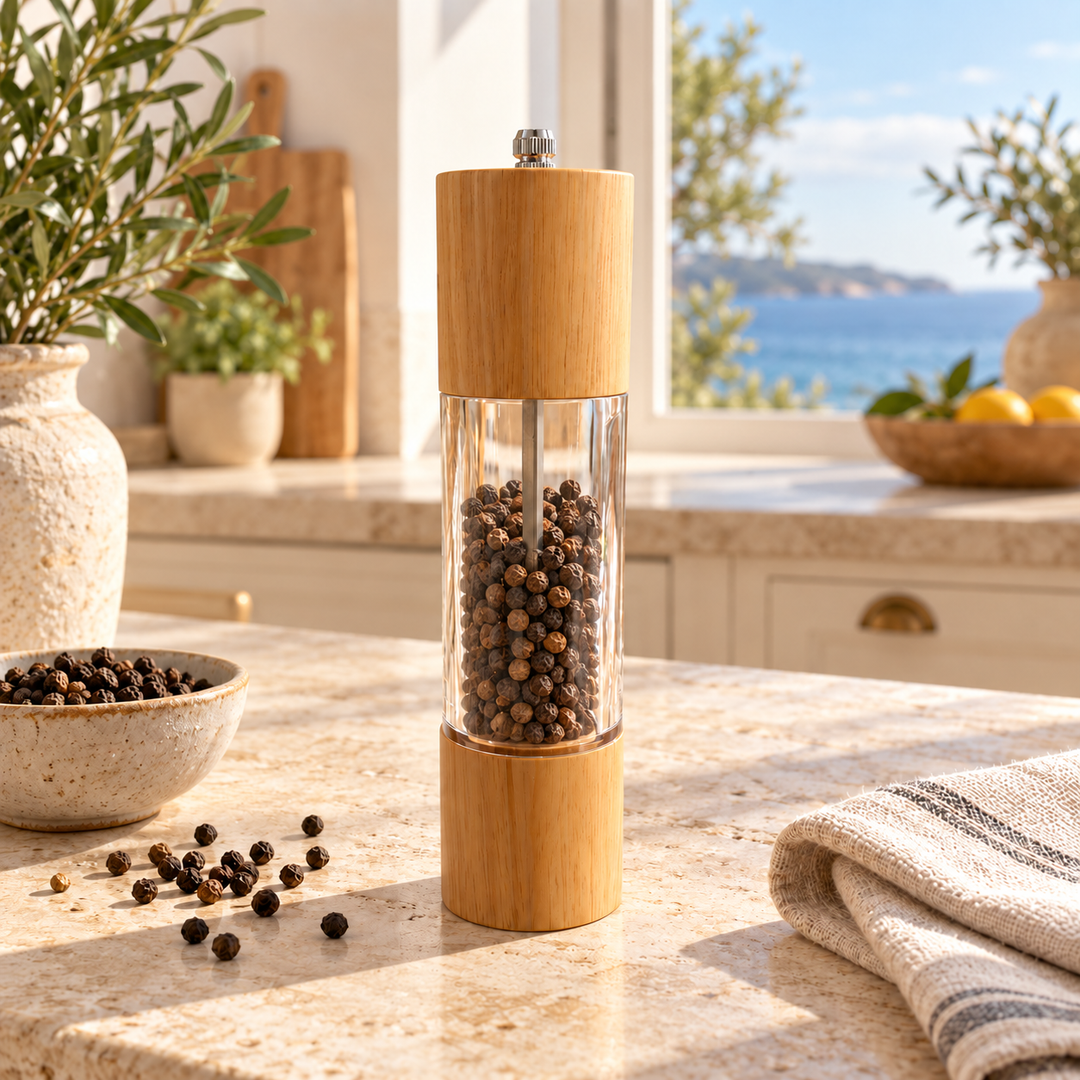 Natural wood and glass pepper mill filled with black peppercorns on a kitchen countertop