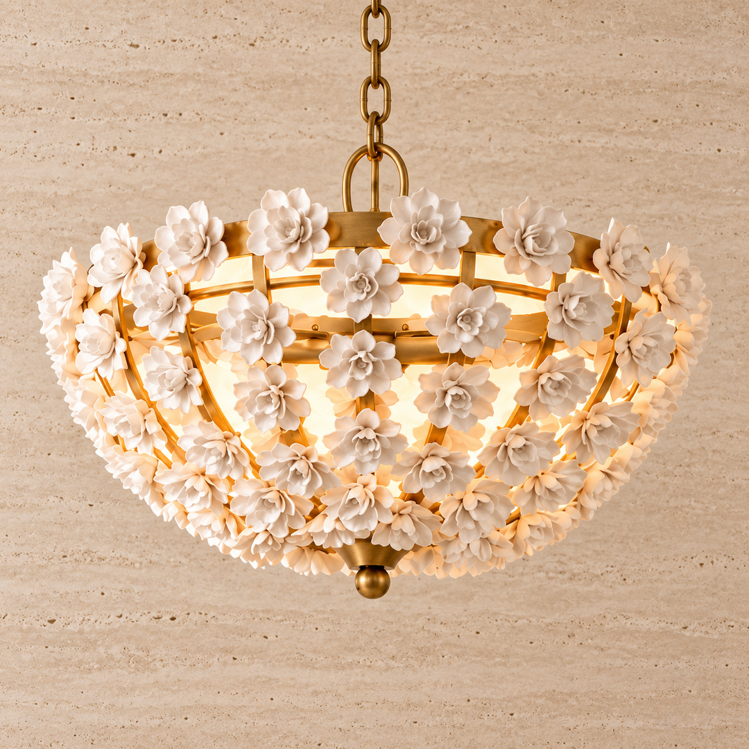 White Floral Gold-Frame Bowl Chandelier