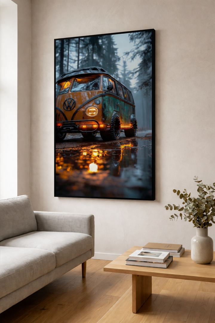 Vintage VW Camper Forest Framed Wall Art