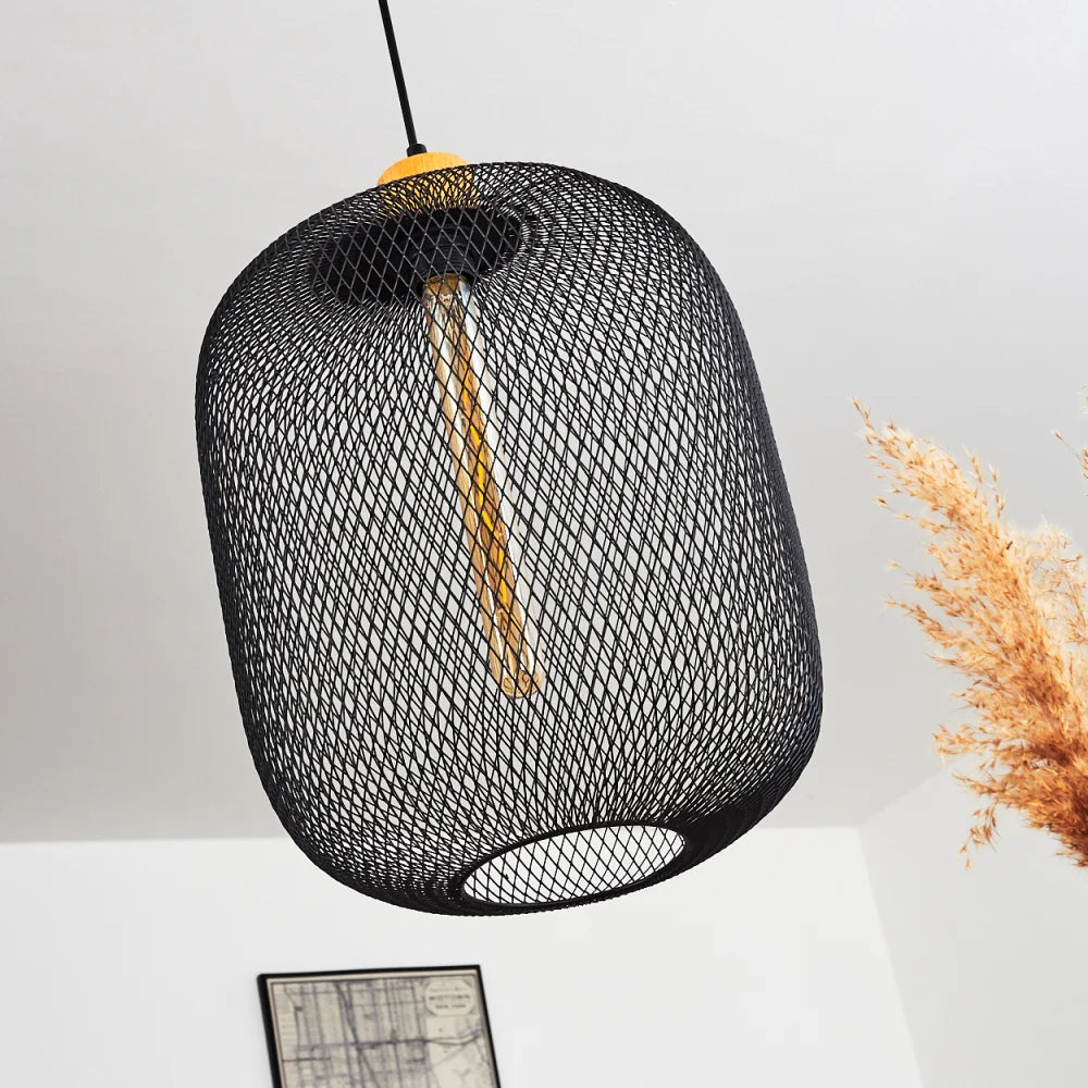 Industrial Mesh Pendant Light with Wooden Accent