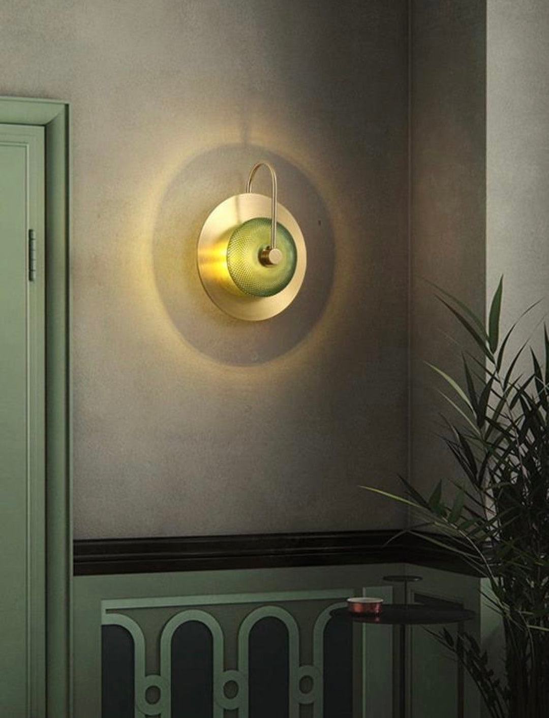 Contemporary Wall Light with Textured Green Glass and Gold Finish