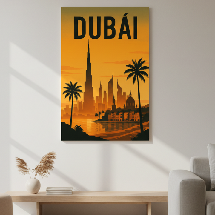 Dubai skyline sunset vintage canvas with Burj Khalifa and palm trees by waterfront