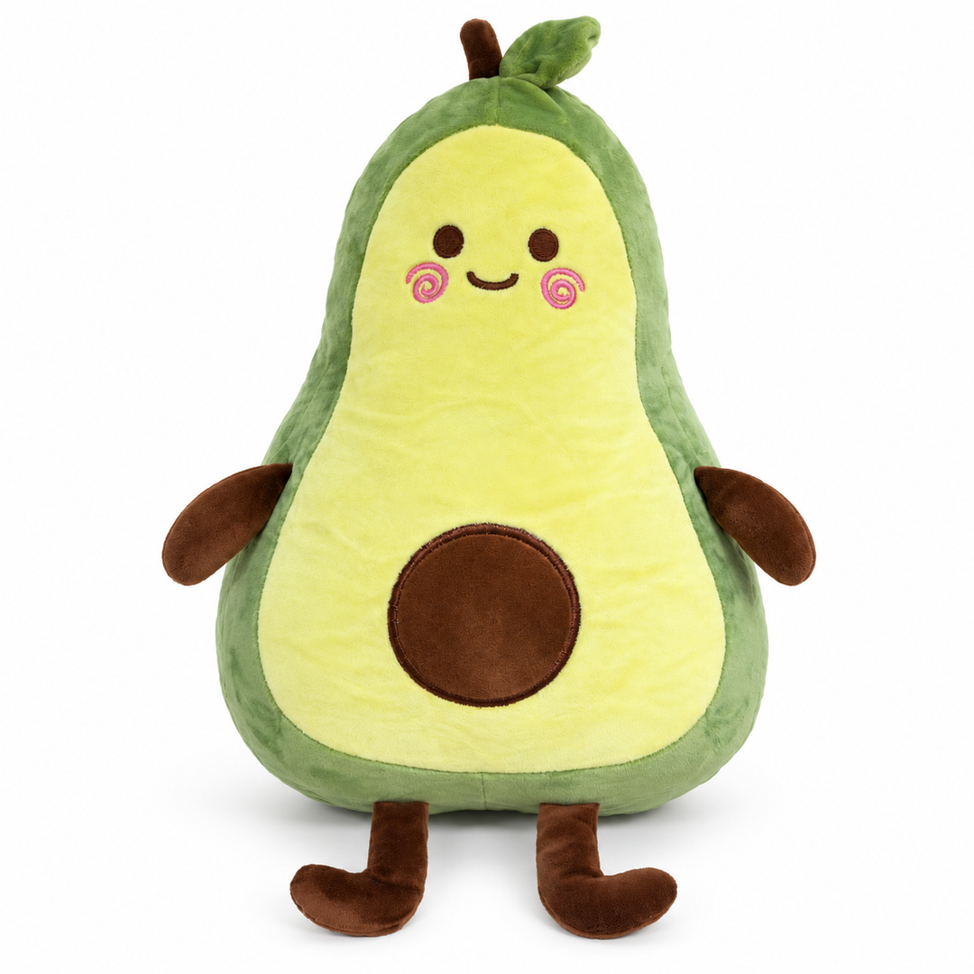 Soft avocado-shaped plush character with a smiling face, green edging, and brown details