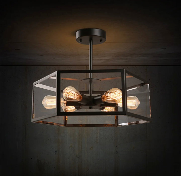 Industrial Semi-Flush Mount Ceiling Light with Glass and Metal Frame