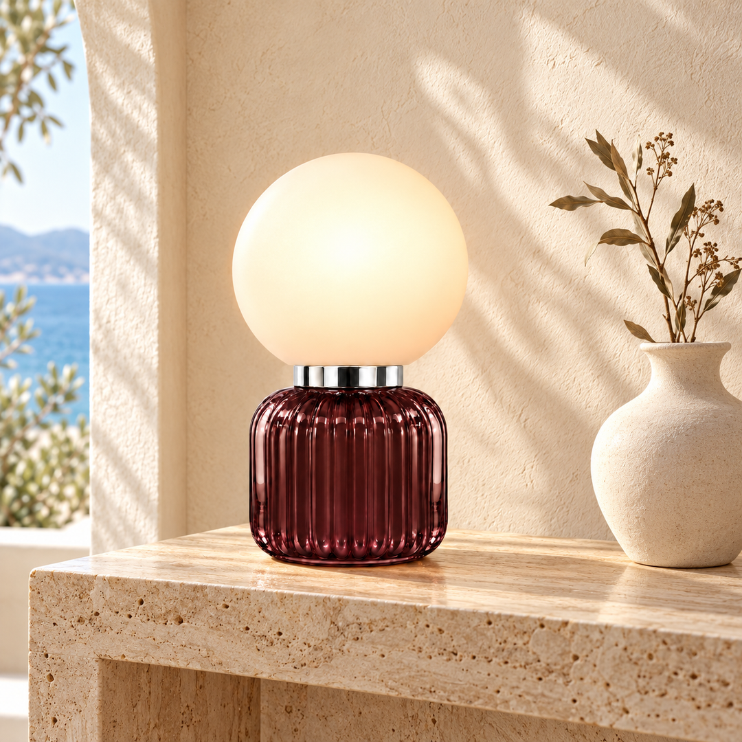 Burgundy Ribbed Glass Globe Table Lamp