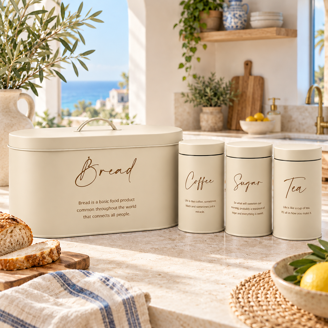 Cream kitchen bread box and labeled storage canisters for bread, coffee, sugar, and tea on a countertop