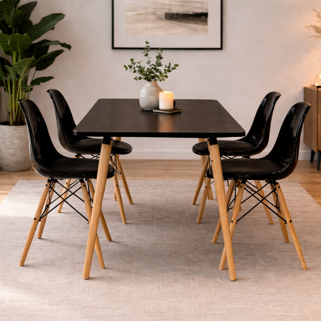 Modern dining table set with MDF tabletop, beech wood legs, and four acrylic chairs