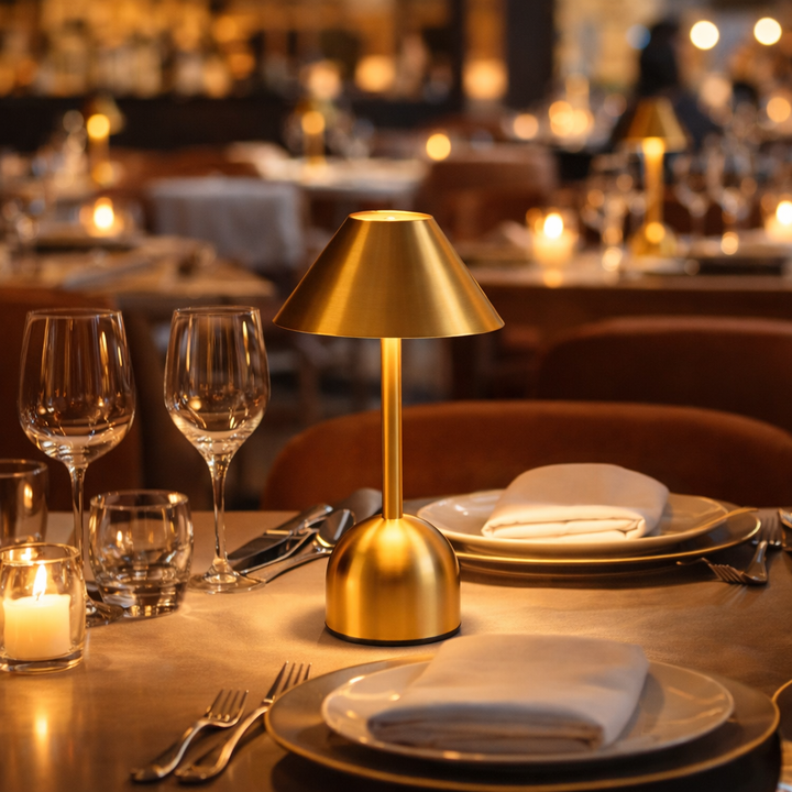 Rechargeable brass color cordless table lamp with cylindrical shade and modern design