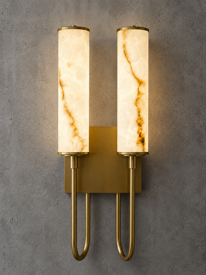 Modern Double Artificial Alabaster Brass Wall Sconce
