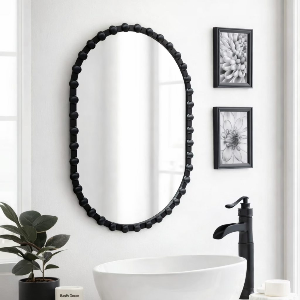 Pearl - Beaded Oval Wall Mirror with matte black beaded frame for modern bathrooms and vanity spaces