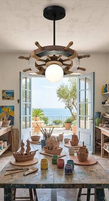 Nautical Ship Wheel Pendant Light