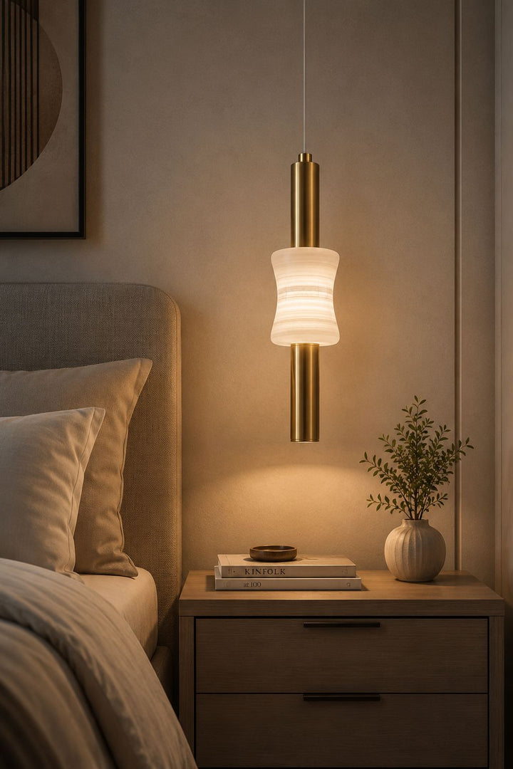 Modern Brass and Alabaster Cylinder Pendant Light