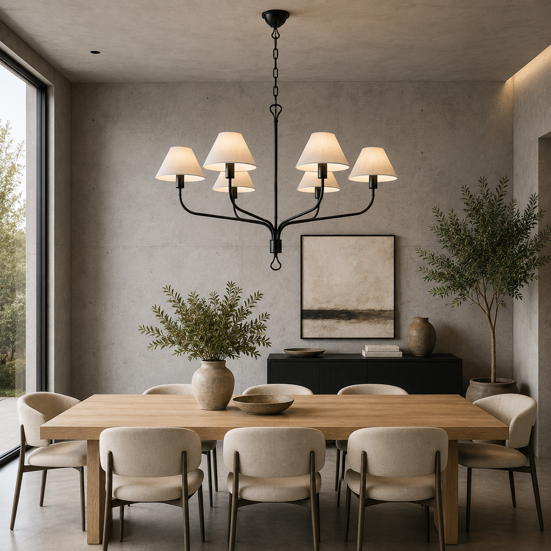 Traditional Gold & Black 6-Light Chandelier with Cream Fabric Shades