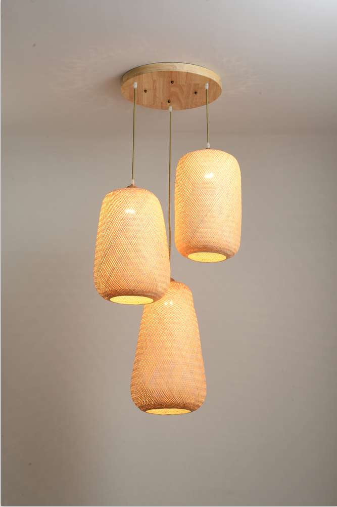 Triple Pendant Light with Woven Bamboo Shades