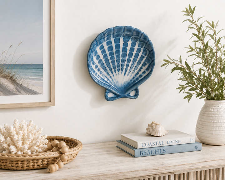 Blue Glazed Ceramic Seashell Wall Sculpture