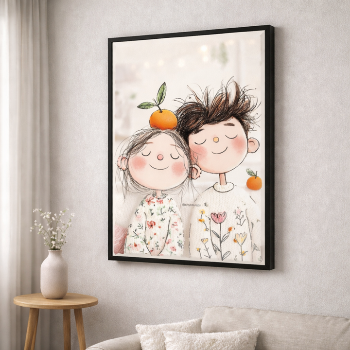 Whimsical Couple Orange Canvas Wall Art