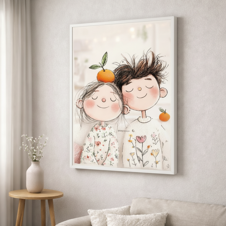 Whimsical Couple Orange Canvas Wall Art