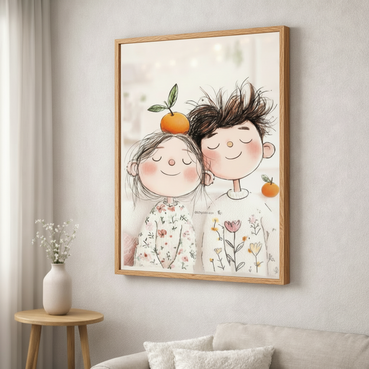 Whimsical Couple Orange Canvas Wall Art